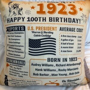 Throw/accent commemorative pillow.1923 birth/100th birthday.smoke free